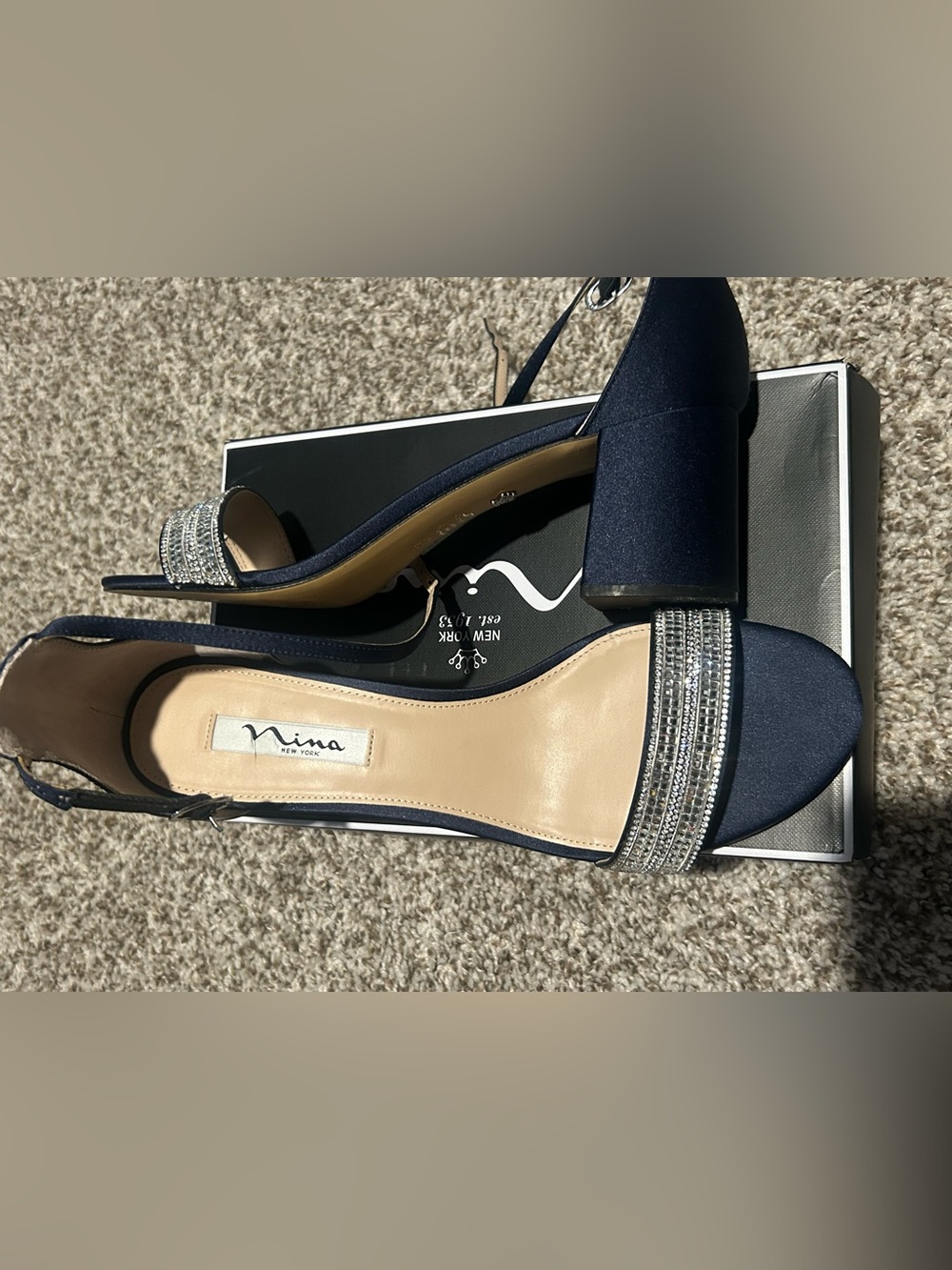 Nina Navy Satin Block Heels with Crystal Toe Strap